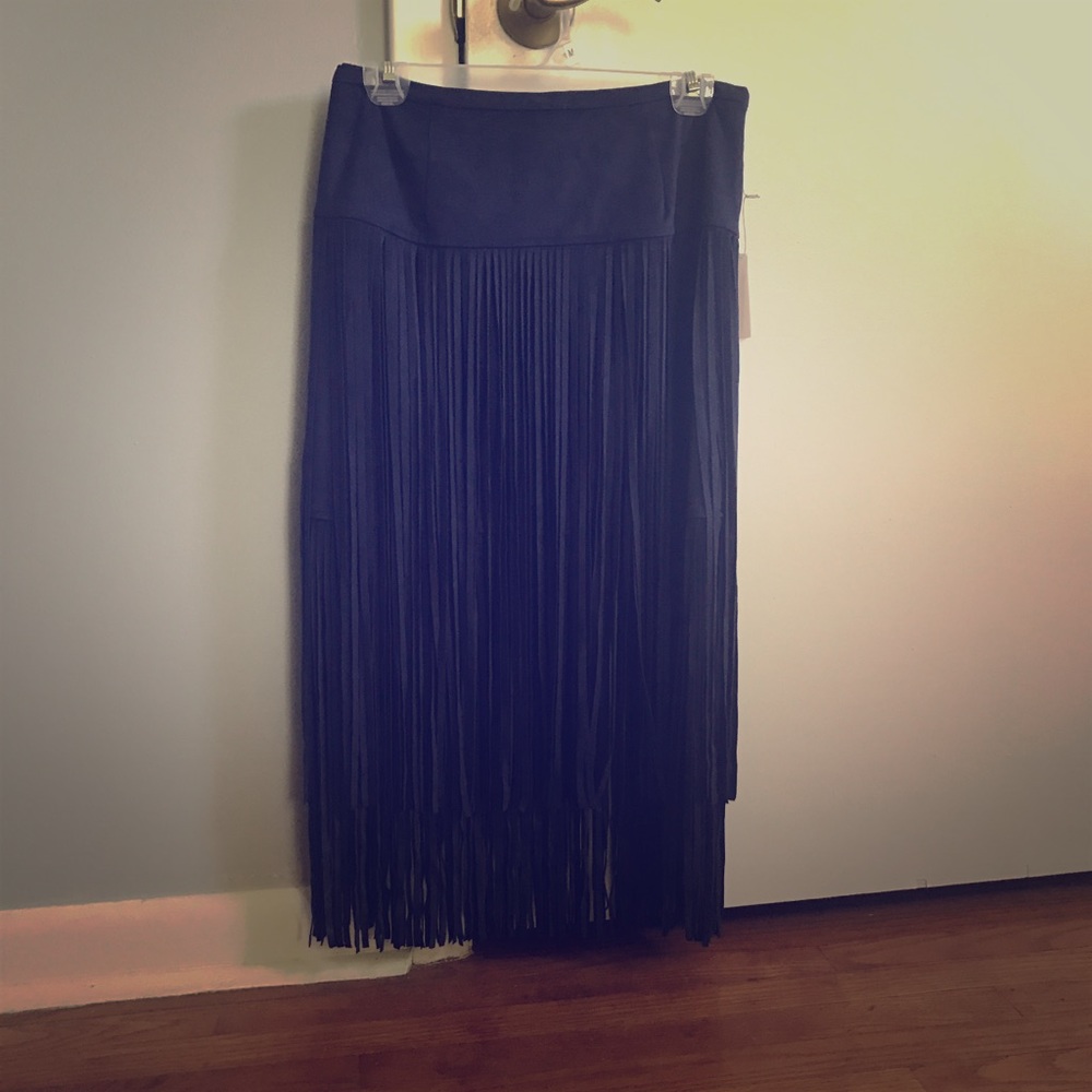Navy Suede Fringe Midi Skirt